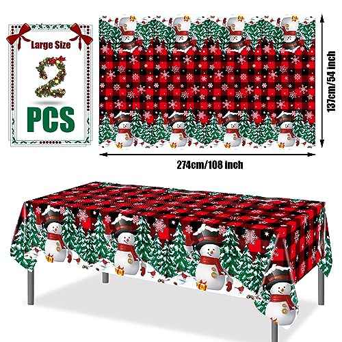 2 PCS Christmas Plastic Tablecloths Snowman Disposable Table Covers Black Red Buffalo Plaid Snowflake Tablecloth Christmas Rectangle Table Cover for Xmas Party Decor Winter Holiday, 54" x 108"