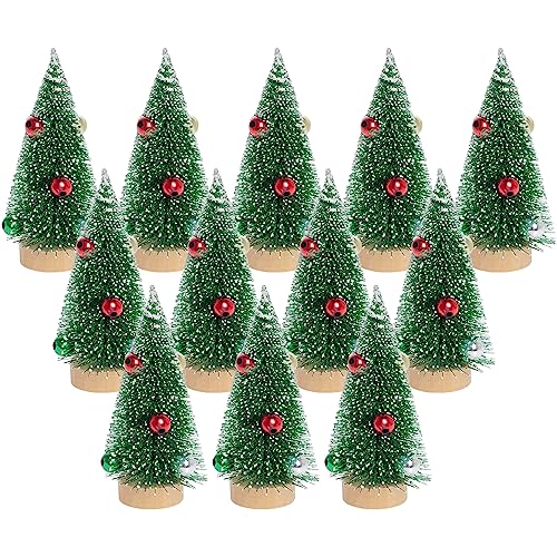 Yookat 12Pcs Mini Green Christmas Trees with Beads & Snow Frost, Sisal & Bottle Brush