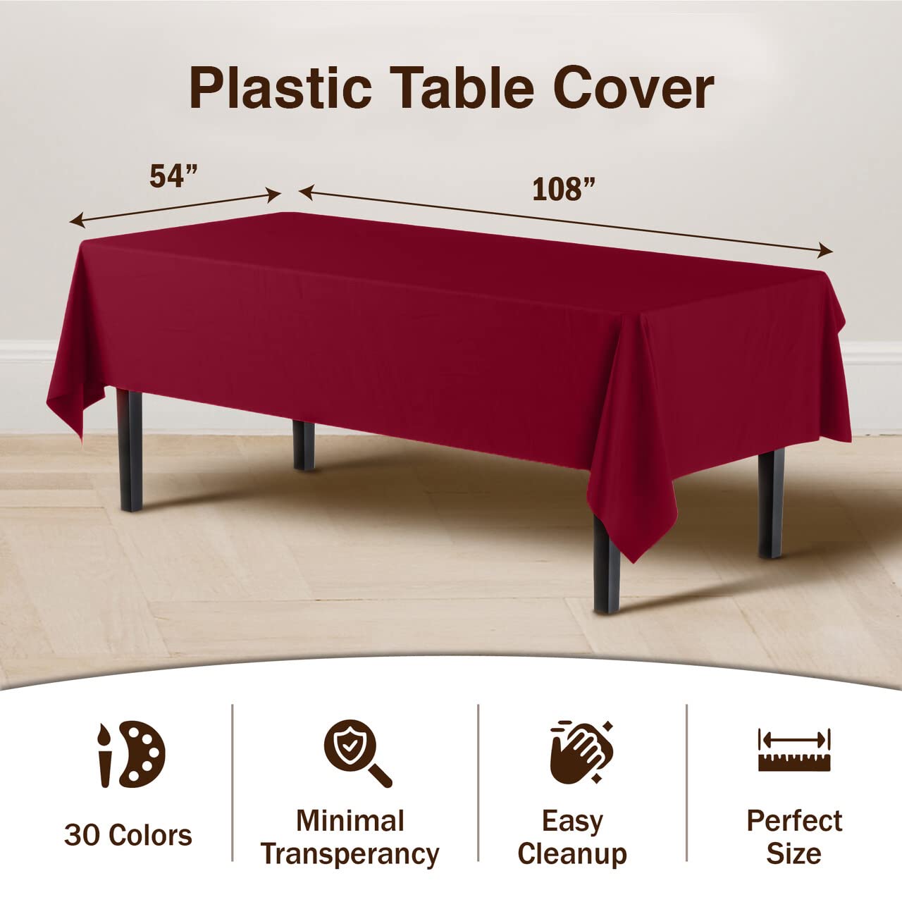 Exquisite 12-Pack Premium Plastic Tablecloth Pack of 12 Premium Plastic Tablecloth 54 Inch x 108 Inch Rectangle Table Cover - Burgundy