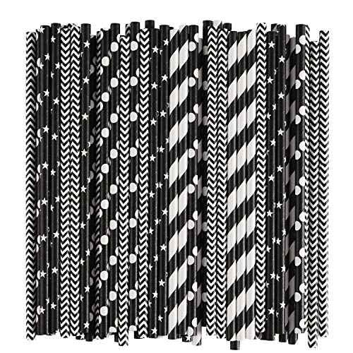 ALINK Biodegradable Black Paper Straws, 100 Stars/Dots/Stripes/Waves Drinking Straws for Halloween, Birthday, Wedding, Bridal/Baby Shower and Christmas Decorations