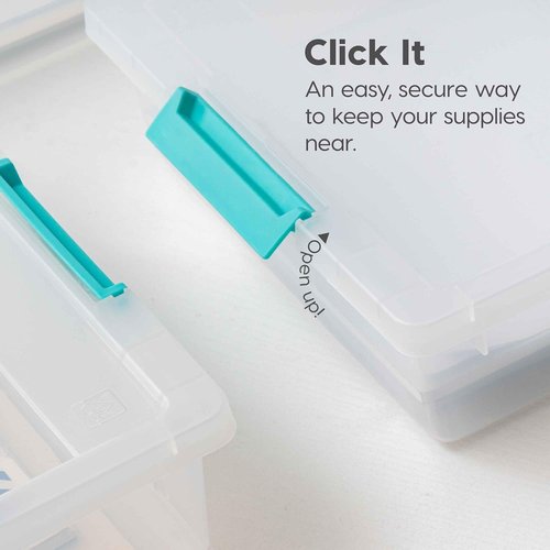 IRIS USA Craft Storage Bins - 6 Qt. Clip Box Organizer with Lids, 4-Pack | Stackable Clear & Seafoam Blue