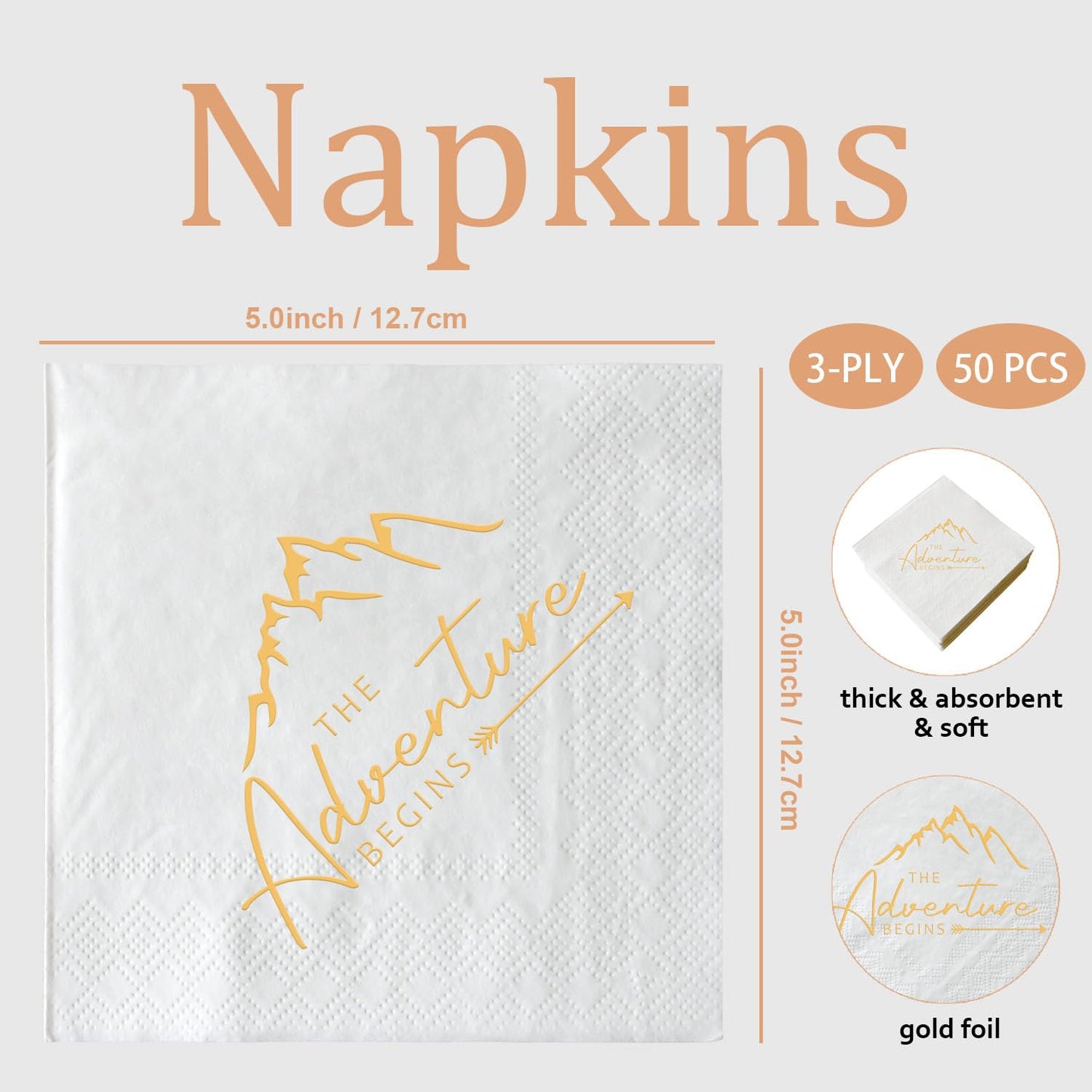 The Adventure Begins Napkins, 50 Pcs White and Gold Party Paper Cocktail Napkins for Wedding Pregnancy Announcement Baby Shower Bachelorette Engagement Graduation Bridal Shower 3-Ply