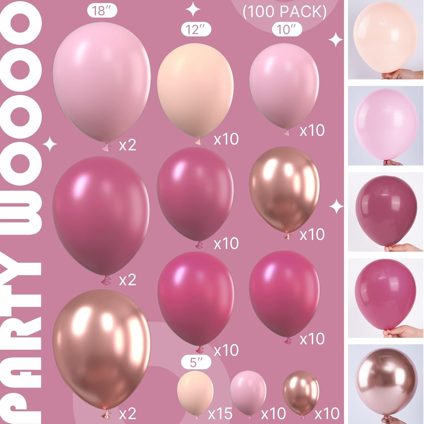 PartyWoo Balloon Arch Kit - Dusty Pink Garland with 100 Balloons in Various Sizes for Weddings & Events