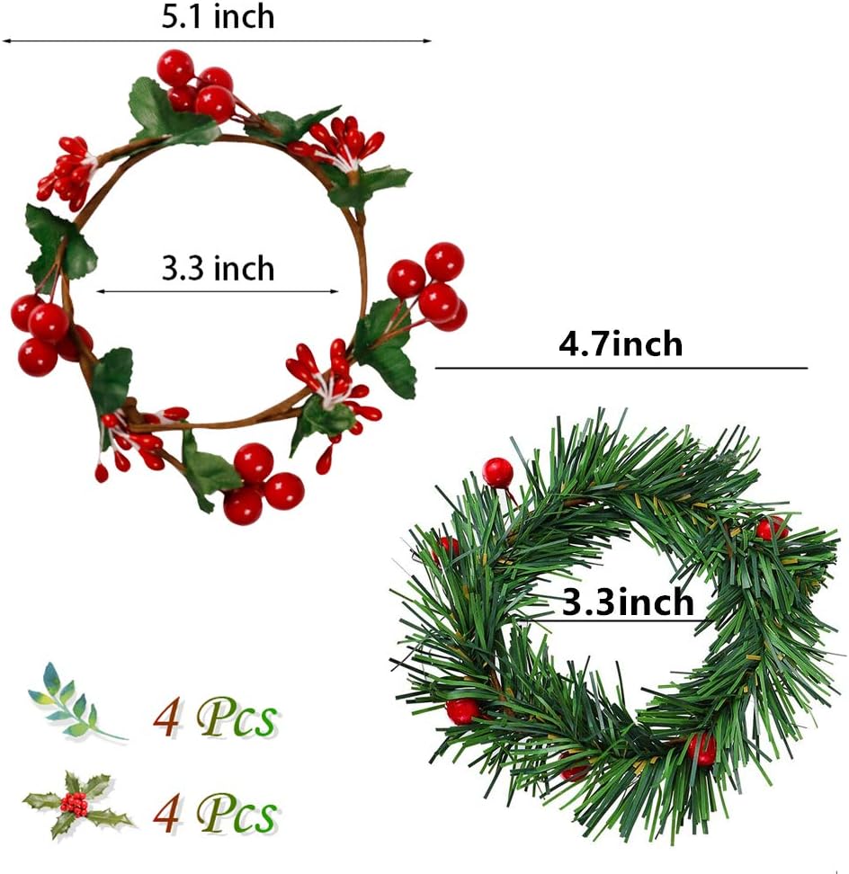 YBB Christmas Candle Rings - 8Pcs Small Red Berry Wreath Holders for 3-Inch Pillar Tapers | Rustic Wedding Decor