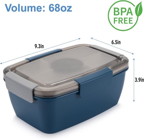 Freshmage Large Salad Container - 68oz Bowls with 5 Compartments for Lunch | Pink & Blue (2-Pack)