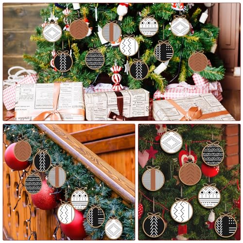 Gerrii 24 Pack Christmas Boho Ornaments Wooden Christmas Round Ornaments with Bow Xmas Hanging Sign Farmhouse Holiday Supplies Gifts for Xmas Tree Decoration(Aztec)