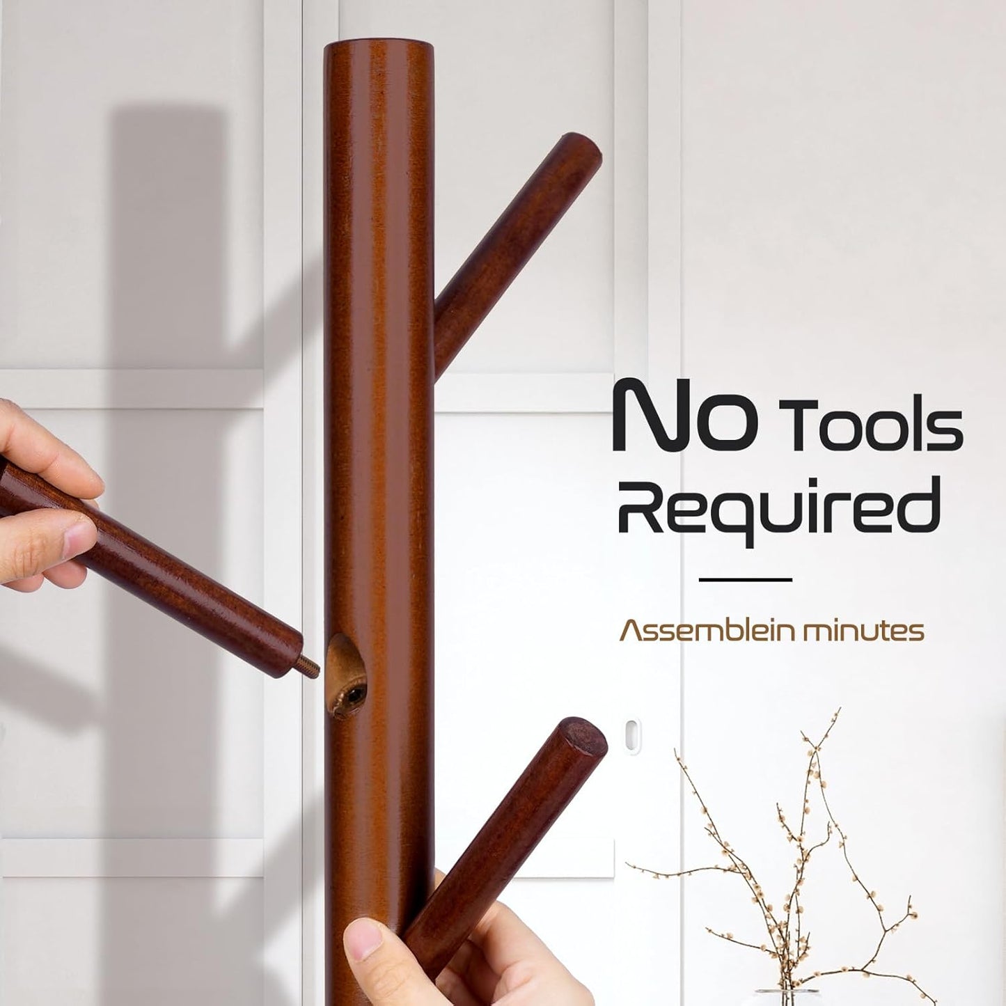 Solid Wooden Coat Rack - Freestanding New Zealand Pine Tree with 8 Hooks | Adjustable Sizes for Coats, Hats, and Handbags (Brown)