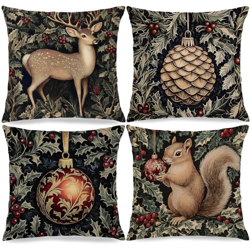 Vintage Christmas Reindeer Squirrel Ball Pillow Covers 18x18 Set of 4