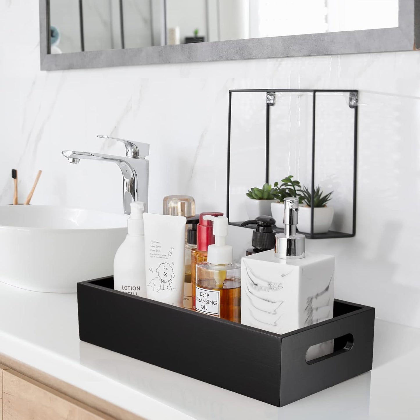 ALELION Black Bathroom Basket - Wooden Toilet Tank Paper Organizer with Handle | Stylish Storage Solution for Bathroom Decor