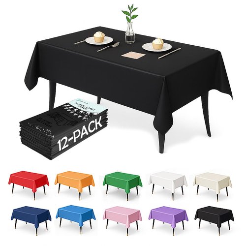 Craft And Party 12-Pack Black Plastic Tablecloths – 54 x 108 Inch Disposable Table Covers for Rectangle Tables, Heavy Duty & Waterproof for Parties, Events, Banquets, Black
