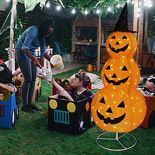 5FT Collapsible Light-Up Pumpkin Decoration with Hat - Indoor Outdoor Halloween Decor