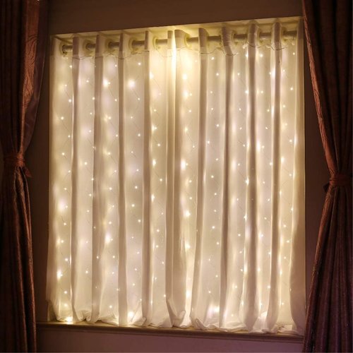 HXWEIYE Short Curtain Lights - 3.3x5Ft Warm White Fairy Light with Timer & 8 Clips for Indoor Decor