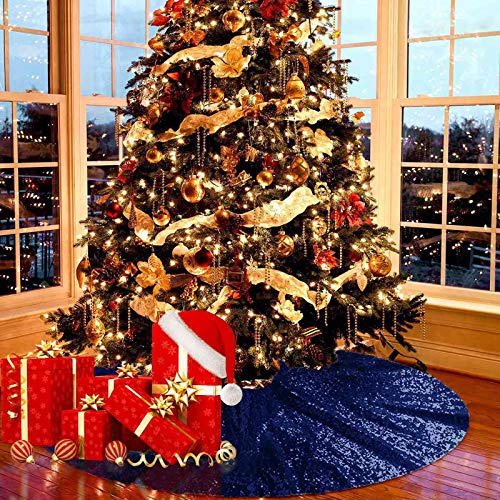 60 Inch Navy Blue Sequin Christmas Tree Skirt - Luxurious Holiday Decor, Easy Setup with Hook & Loop