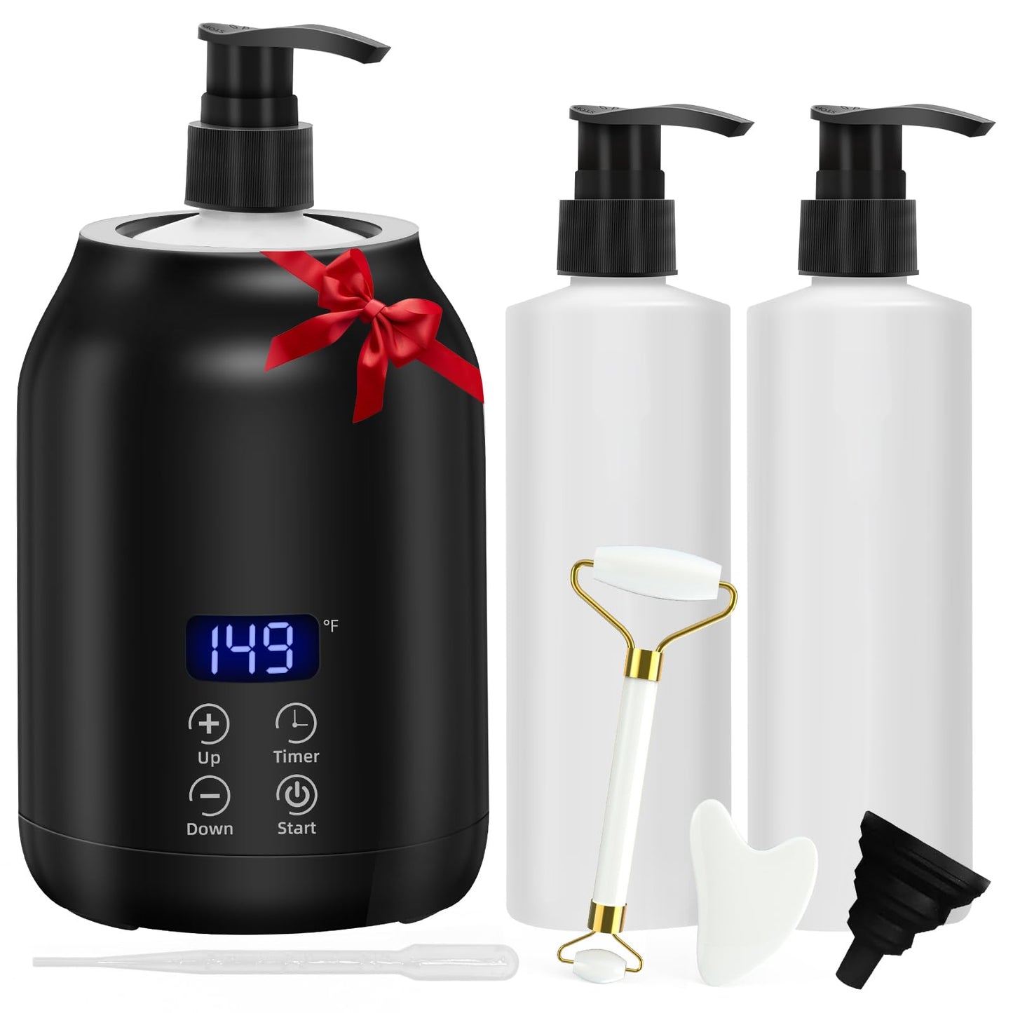 Massage Oil Warmer with Gua Sha Roller Set, Yofuly Professional Oil Warmer for Massage with Two Dispenser Bottles, Portable Electric Temperature Control Lotion Digital Heater for Spa, Black