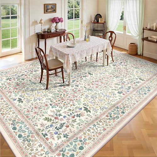 A-Pink Floral Area Rug 8x10 ft - Machine Washable Low Pile Boho Rug with Non-Slip Backing for Living Room & Bedroom