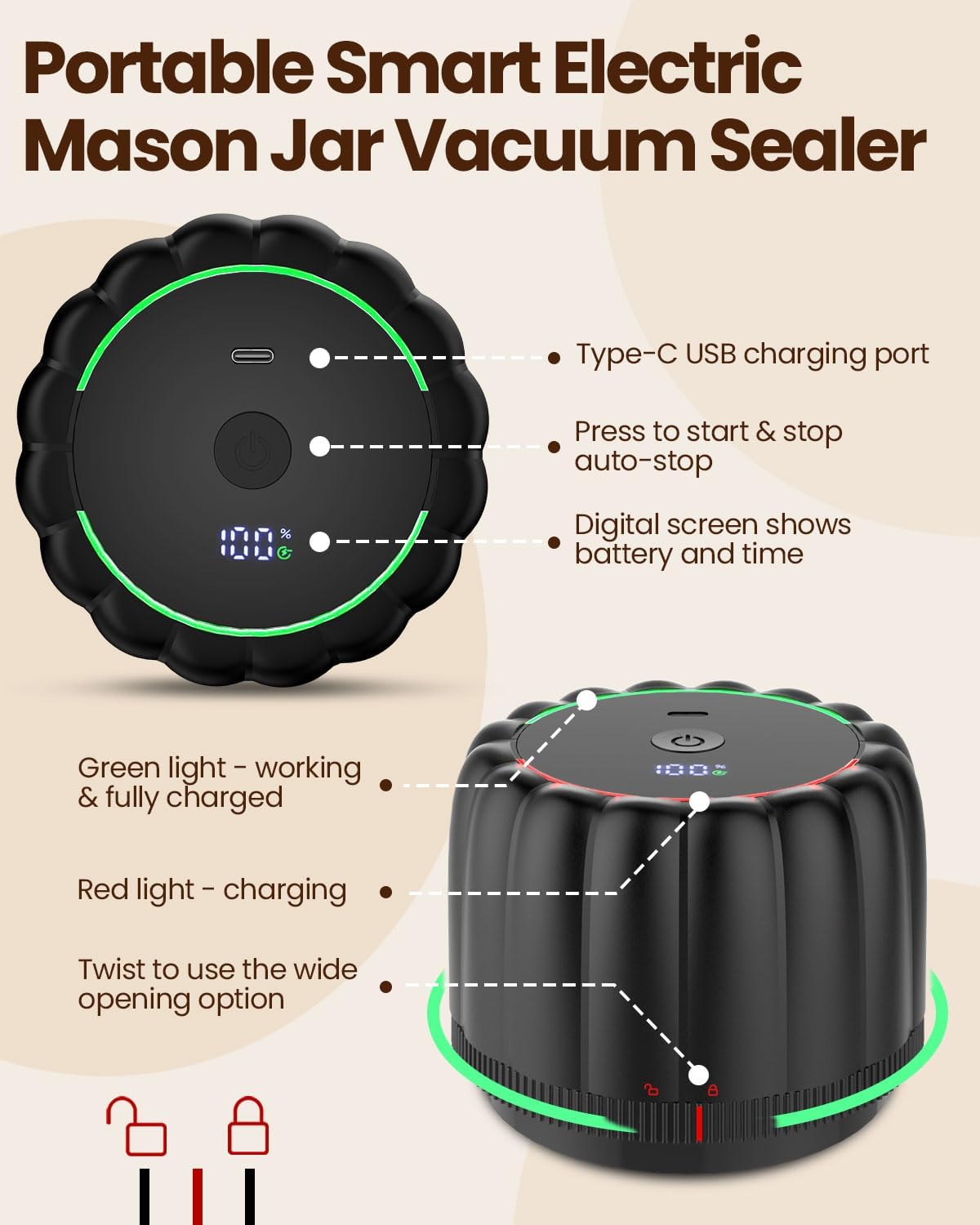 Upgraded Electric Mason Jar Vacuum Sealer Kit by [Brand Name] - Automatic One-Touch Food Storage with Wide & Regular Mouth Lids, 2500mAh Battery, Black