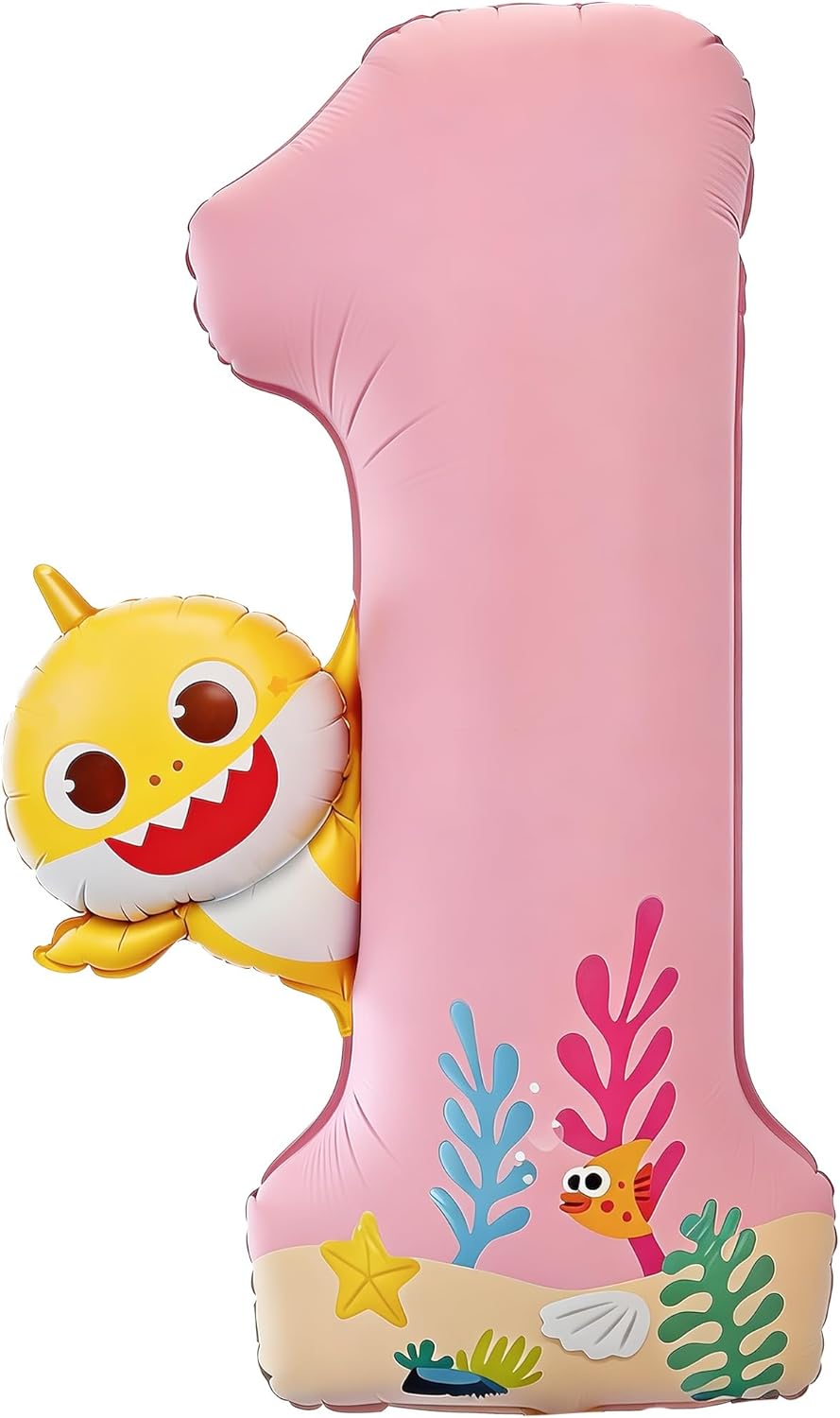 PartyWoo Baby Shark Pink Foil Number 1 Balloon - 40 Inch Mylar Helium Birthday Decoration for Kids