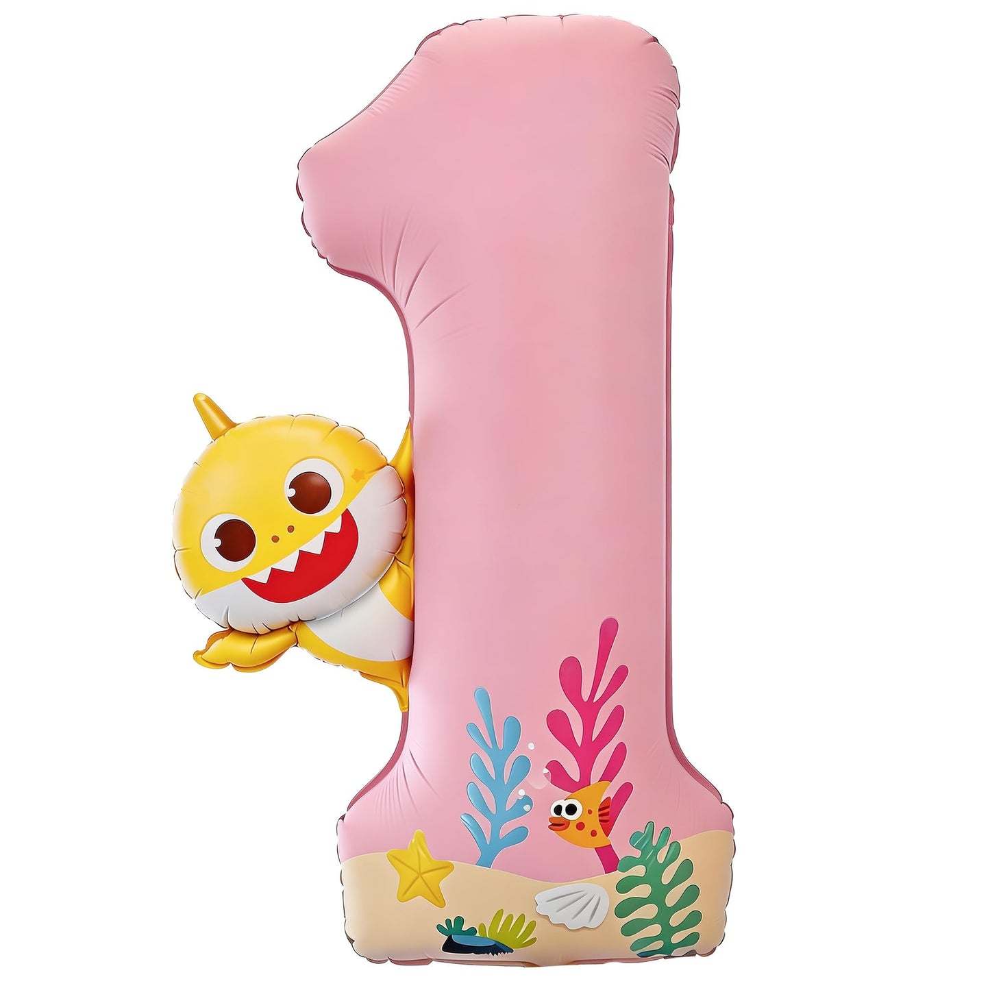 PartyWoo Baby Shark Pink Foil Number 1 Balloon 40 Inch Pink Mylar Helium Birthday Number Balloons for Girls and Boys Baby Shark Under the Sea Ocean Theme Kids First Birthday Party Decorations