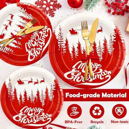 NUMONE Merry Christmas Plates, 50pcs-7inch Tree Holiday Paper Plates Party Supplies Disposable Dinnerware for Christmas Holiday Celebration