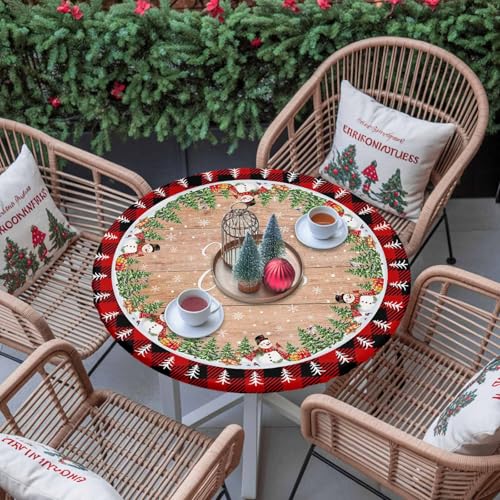 Chees D Zone 60-Inch Christmas Snowman Round Tablecloth with Elastic Edge, Fitted Holiday Cover, Rustic Wood Grain Design, Fits 55-60 Inch Tables