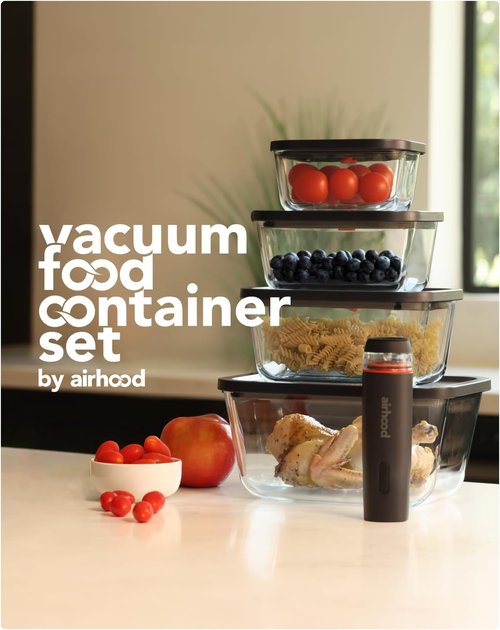 Airhood Vacuum Food Storage Container Set - Electric Pump + 4 Borosilicate Glass Containers | Keeps Food Fresh 5X Longer | BPA-Free & Stackable