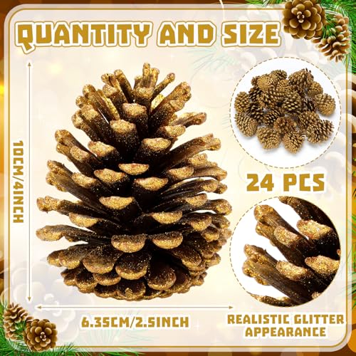 Janinka 24 Pcs 4 Inch Gold Christmas Glitter Pine Cones Ornaments
