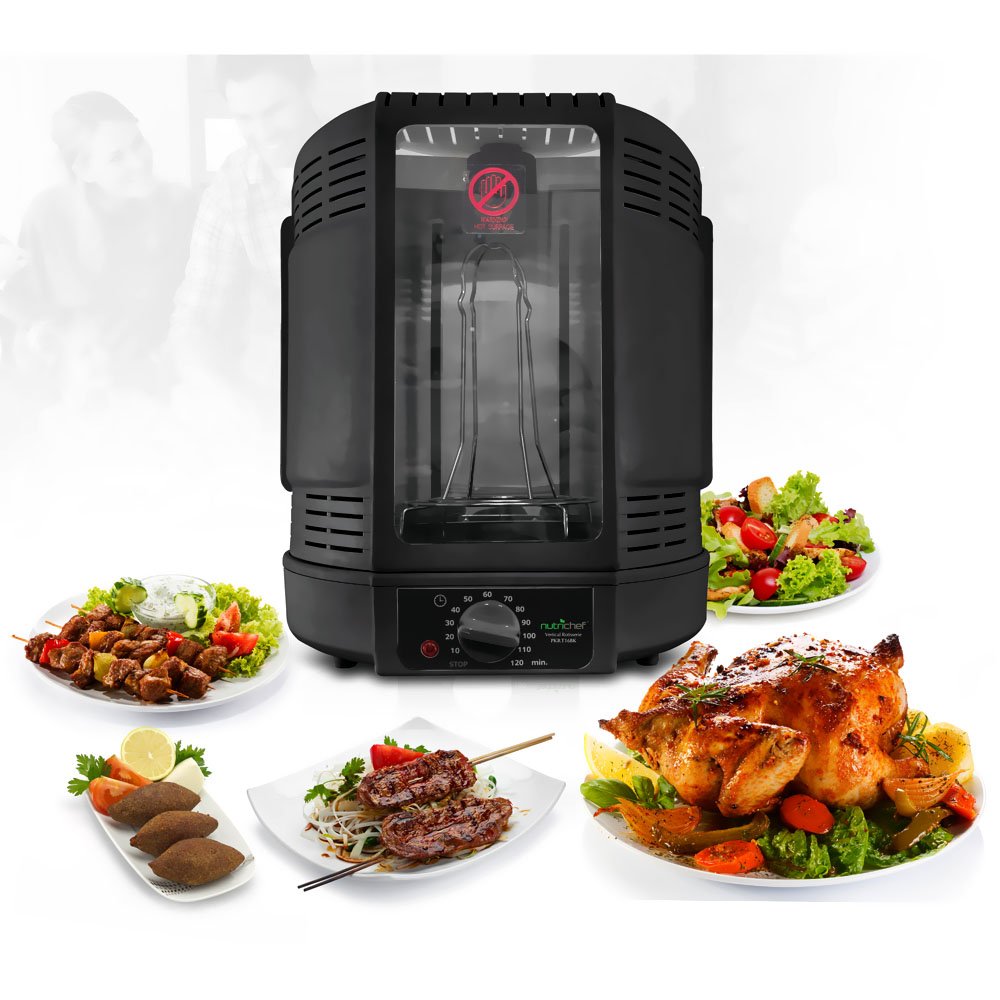 NutriChef Vertical Countertop Rotisserie Oven Roaster, Rotating Shawarma And Kebab Machine with Skewer and Rack, Basket Tower, Roasting Rack, Poultry Tower, Drip Tray, For Meat Chicken Turkey Lamb