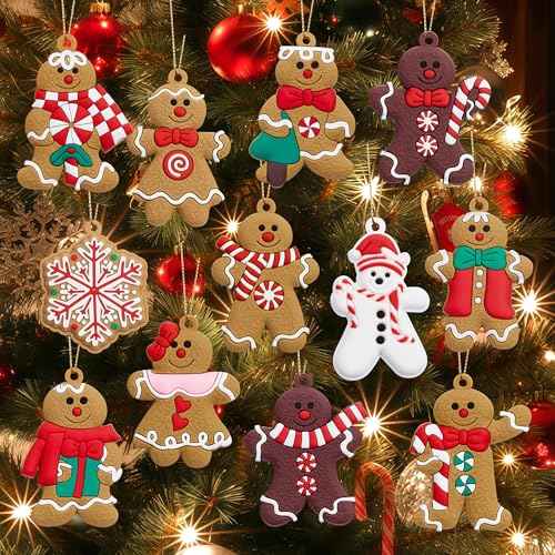 QINJIEJIE 12pcs Gingerbread Man Ornaments for Christmas Tree Decorations Gingerbread Decor Cute Christmas Ornaments Bulk for Tree Hanging DIY Craft Party Decor