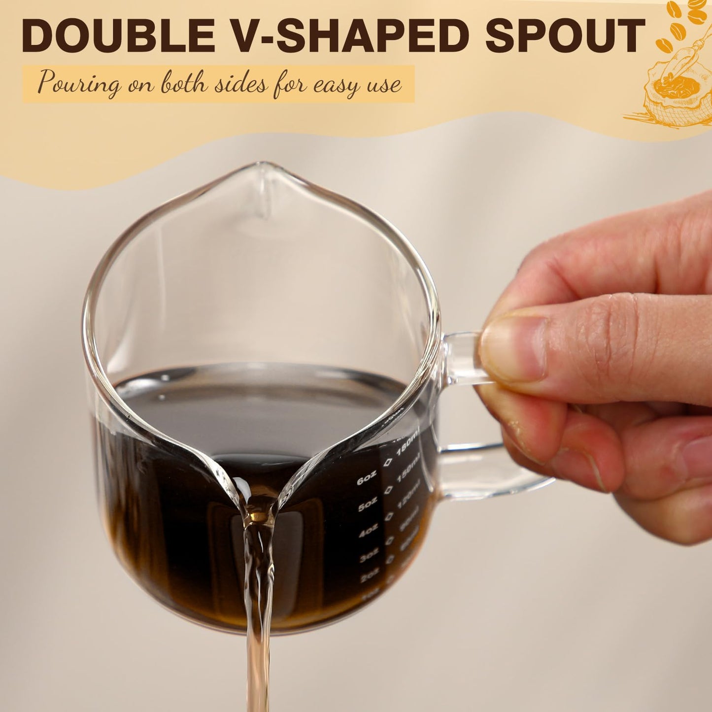 Patelai 2 Pcs 6oz/180ml Espresso Cups, Glass Measuring Cups with Double Spouts & Handle, Scale Espresso Shot Glass Milk Frothed Cup Coffee Accessories for Machines, Milk Frothed, and Bars