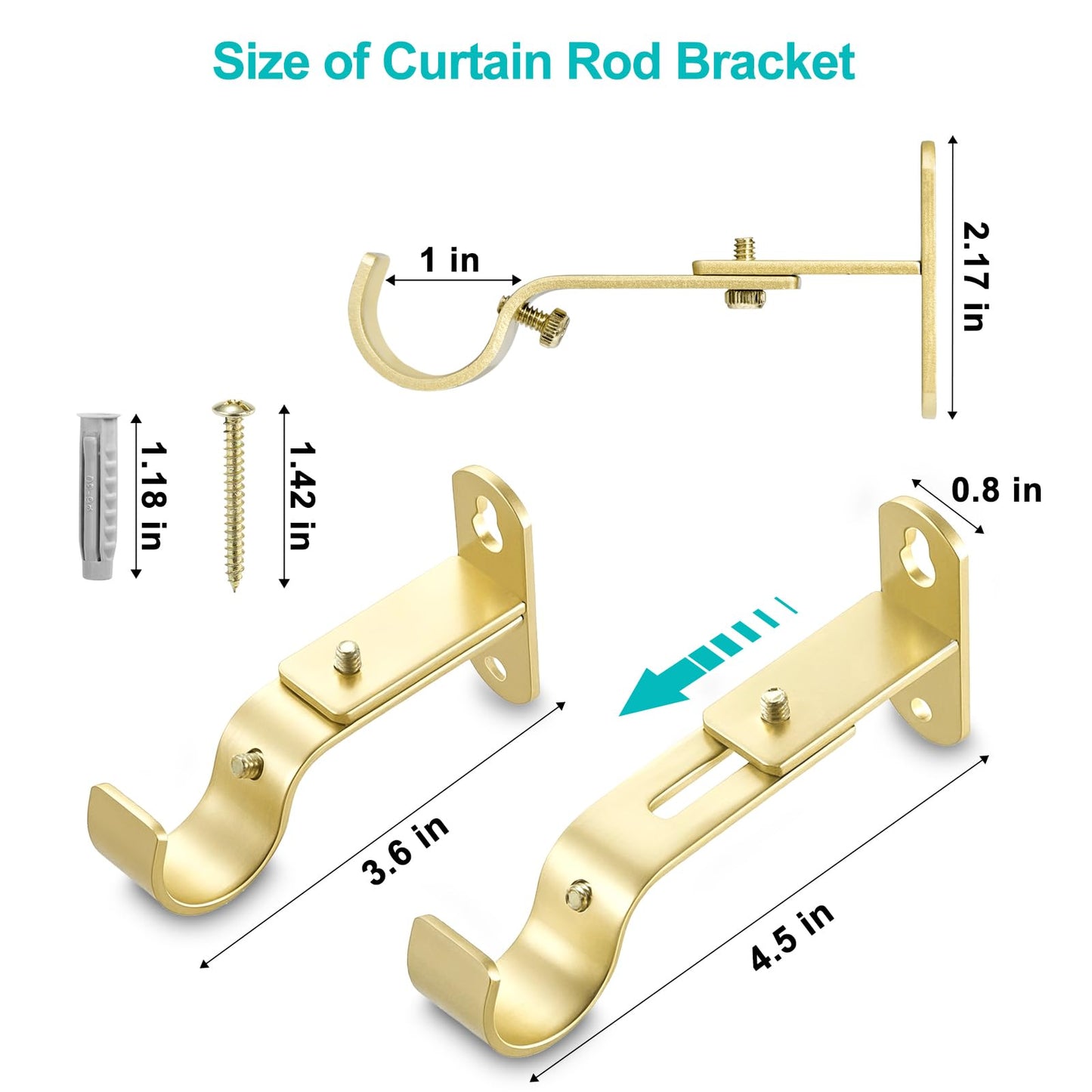 AMZSEVEN Adjustable Curtain Rod Brackets, Metal Window Drapery Rod Hanger Holders Hooks for 1 inch Rods (Warm Gold, Set of 2)