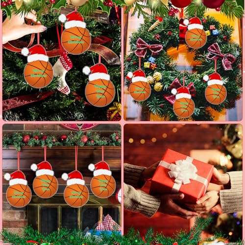 Thyle 12 Pcs Basketball Christmas Ornaments with Santa Hat – 4 Inch Bulk Set