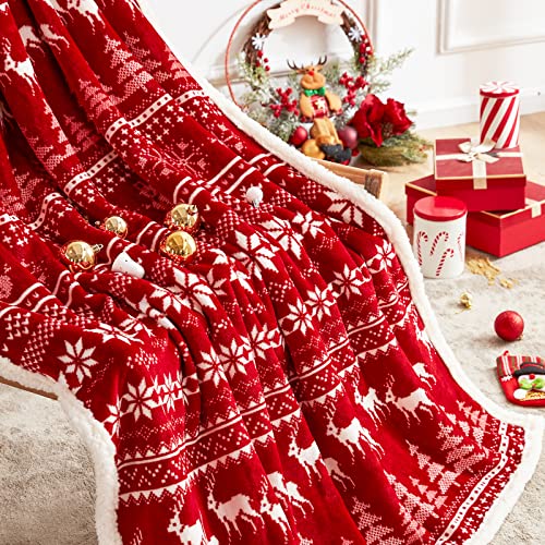 Touchat Red Sherpa Christmas Throw Blanket 50x60in Reindeer Fuzzy Cozy Decor