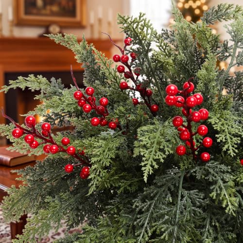 LAOWUJA 12 Pcs Artificial Cedar Branches 17.5" with 3 Red Berry Picks - Holiday Faux Greenery for Christmas Decor