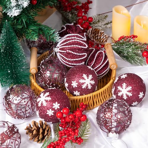 Burgundy Christmas Ornaments Set 12 pcs 3.15-inch Glitter Holiday Hanging Balls