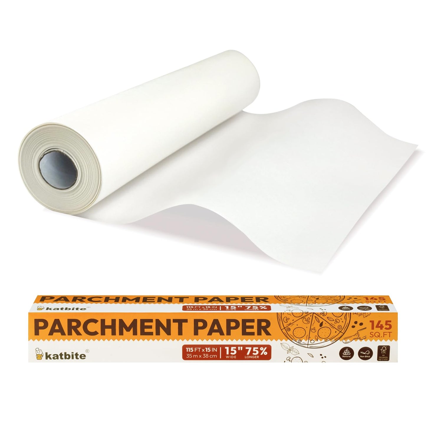 Katbite Parchment Paper Roll 15in x 115ft, White Pachment Baking Paper Roll 145 Sq.Ft, Non-Stick and Extra Longer Parchment Paper with Portable Serrated Cutter for Baking,Cooking,Space-saving