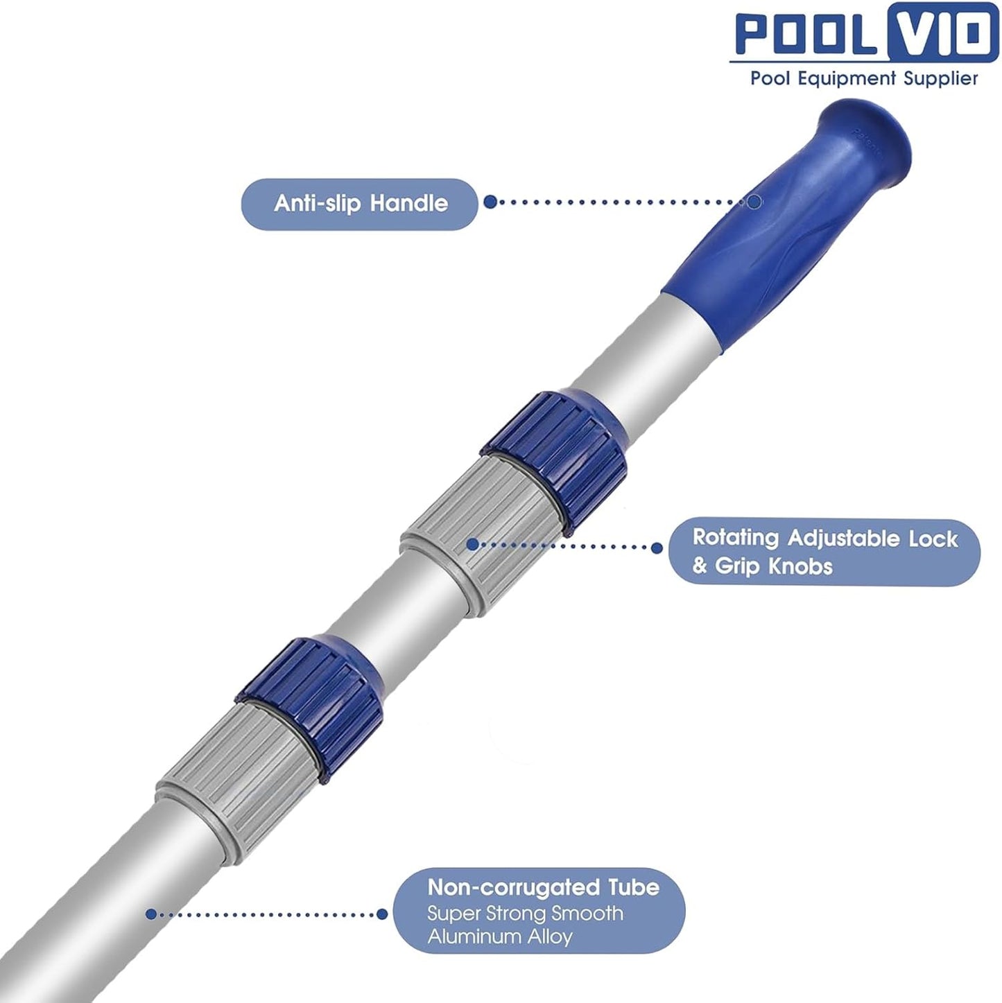 Poolvio 15 FT Telescopic Pool Pole - Adjustable Aluminum Skimmer Pole with Strong Grip & Lock