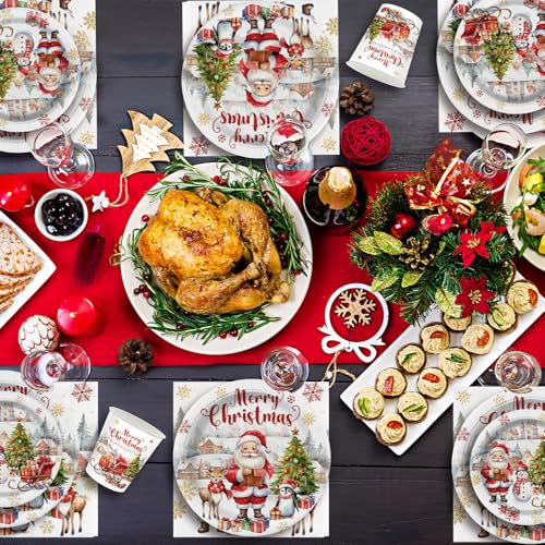 Merry Christmas Party Supplies 140-Piece Tableware Set for 20 Guests - Plates, Napkins, Cups & Cutlery
