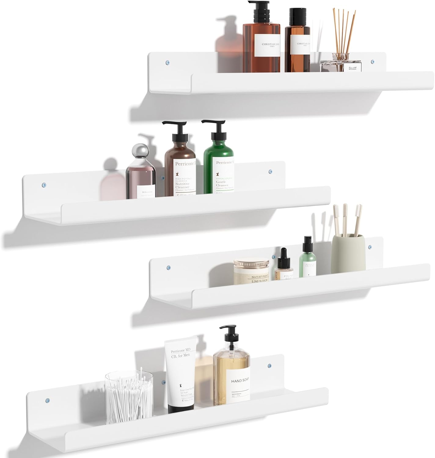 Upsimples Acrylic Wall Shelves - 15" Floating Display Shelf Set for Perfume & Books | White, 4 Pack