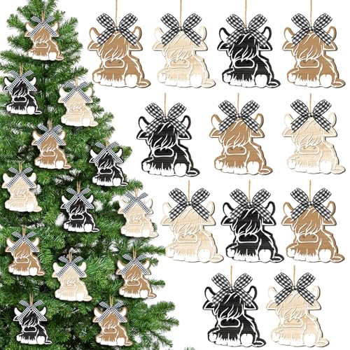 Poen 36 Pcs Highland Cow Christmas Wooden Ornaments - Black White Cow Style, Holiday Tree Decorations
