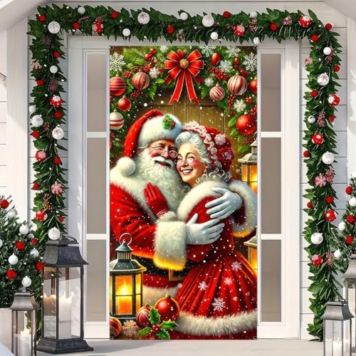 Christmas Door Cover Decoration - Santa & Mrs. Claus Backdrop, 71 x 35 Inch Hanging Cover, Funny Santa Banner for Christmas Party, New Year Photo Booth, and Holiday Decor