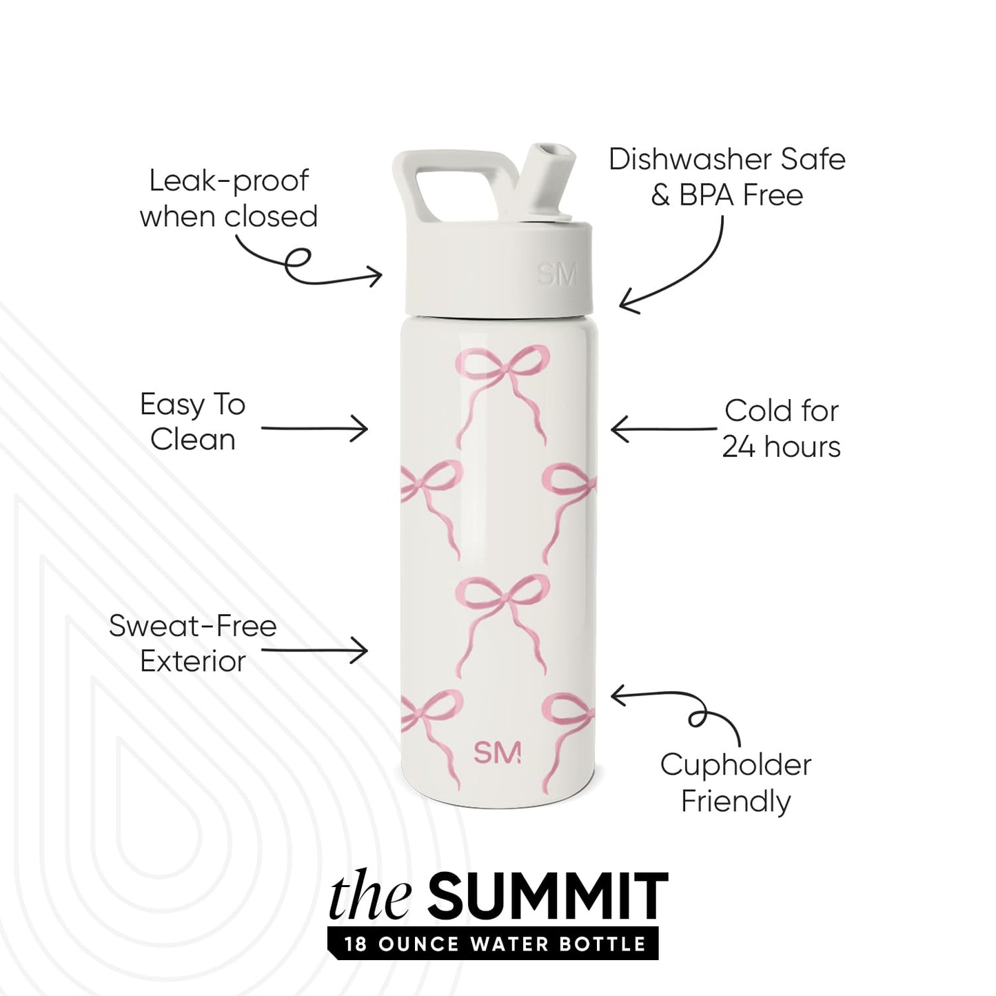 Simple Modern Kids Summit Water Bottle with Straw Lid | 18oz Stainless Steel Cup Insulated Tumbler for Toddlers, Girls, School | Bows