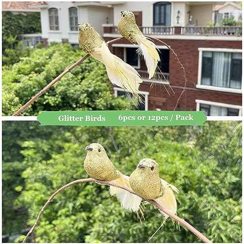 6pcs Gold Glitter Birds Decorations Christmas Tree Clip on Bird Ornaments Sequin Feathered Bird for Wreath Garland Crafts Tree Decor