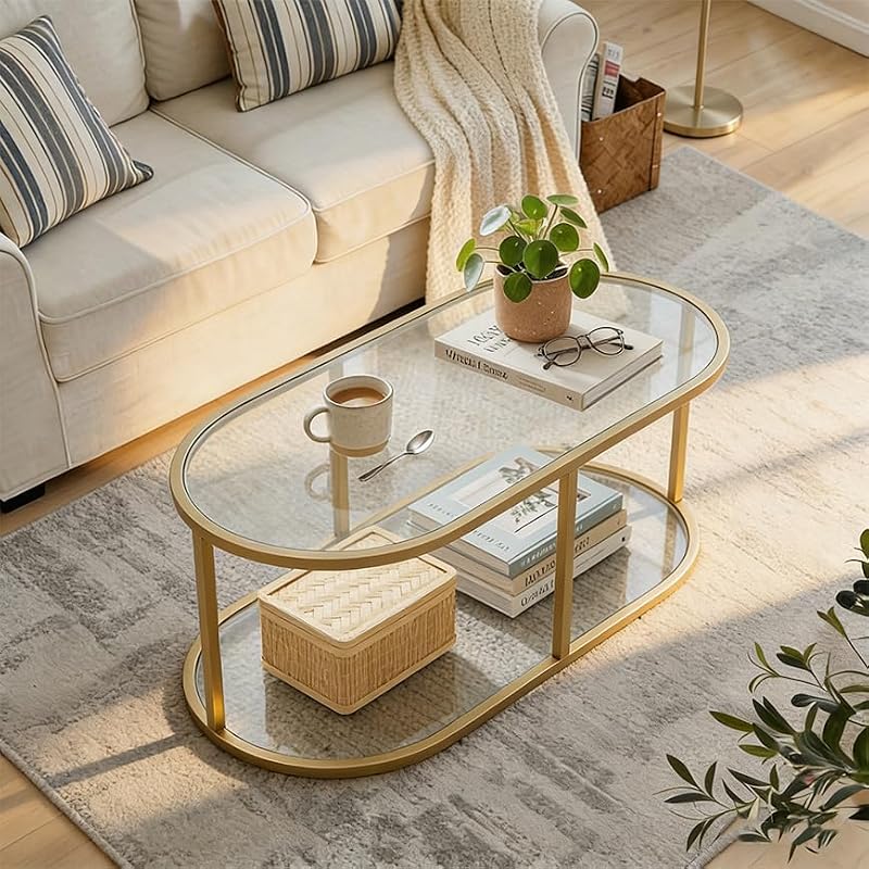Gold 2-Tier Oval Coffee Table - Modern Glass & Metal Living Room Accent