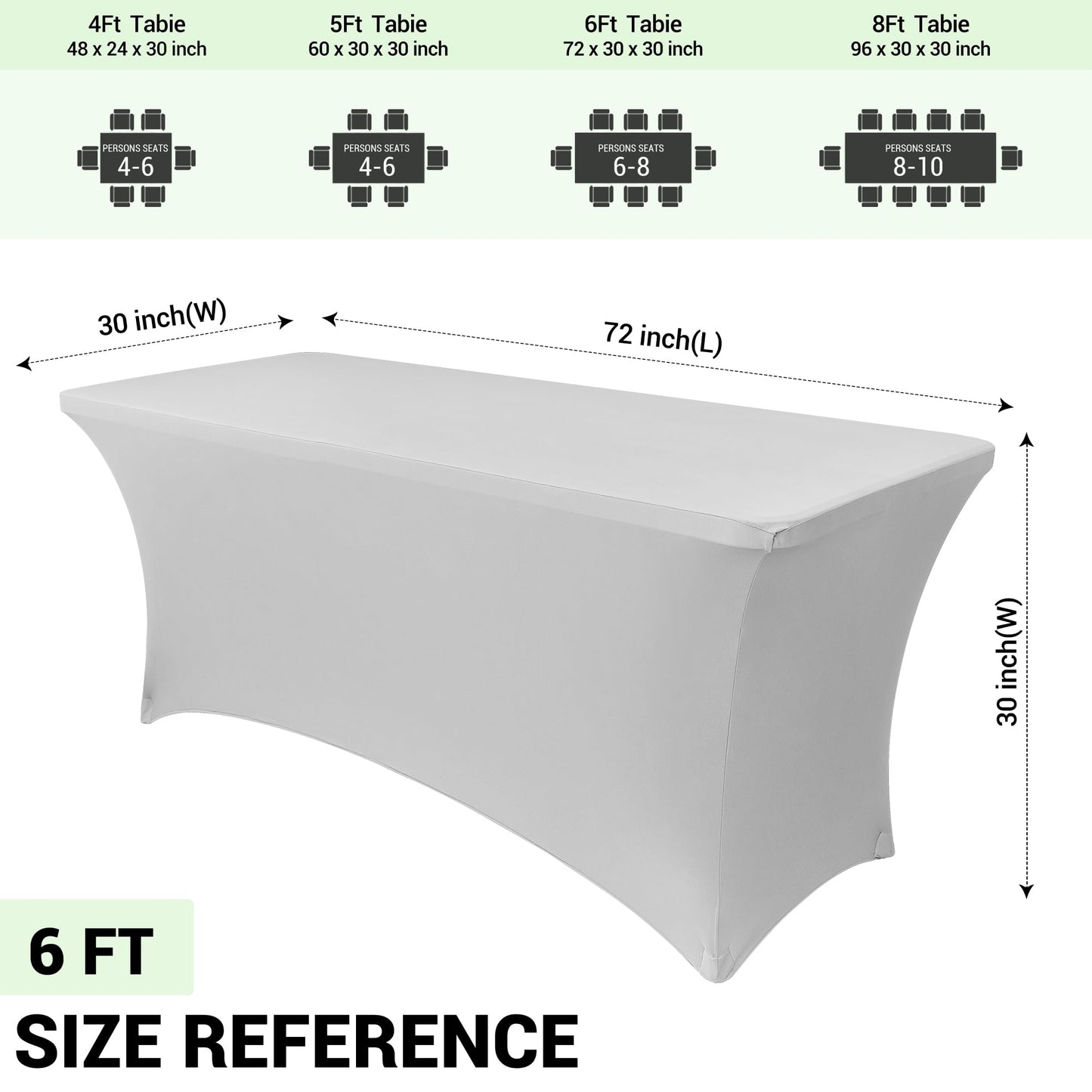 Obstal 6ft Stretch Spandex Table Cover for Standard Folding Tables - Universal Rectangular Fitted Tablecloth Protector for Wedding, Banquet and Party, 72L x 30W x 30H Inches, Silver, 2pc