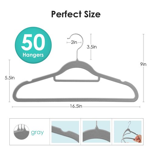 DUDUCOFU Velvet Hangers Non Slip Felt Hangers, 50 Pack Grey Velvet Clothes Hangers Space Saving Slim with 360 Degree Swivel Hook for Suits Coats, Jackets, Pants, and Dress Clothes