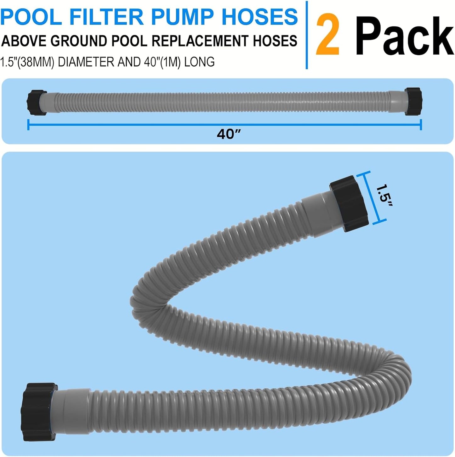 Skiennix Pool Hose Replacement - 1.5" x 40" Pack of 2 for Above Ground Pools & Filter Pumps | Grey