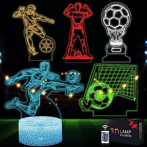 5Pcs Soccer Night Light, Soccer Gifts for Boys 8-12, 5 in 1 Set 3D Lamp with Remote Control 16 Colors Changing, Birthday Xmas Gift Idea for Kids Sport Fan Boys Girls, Home Room Decor