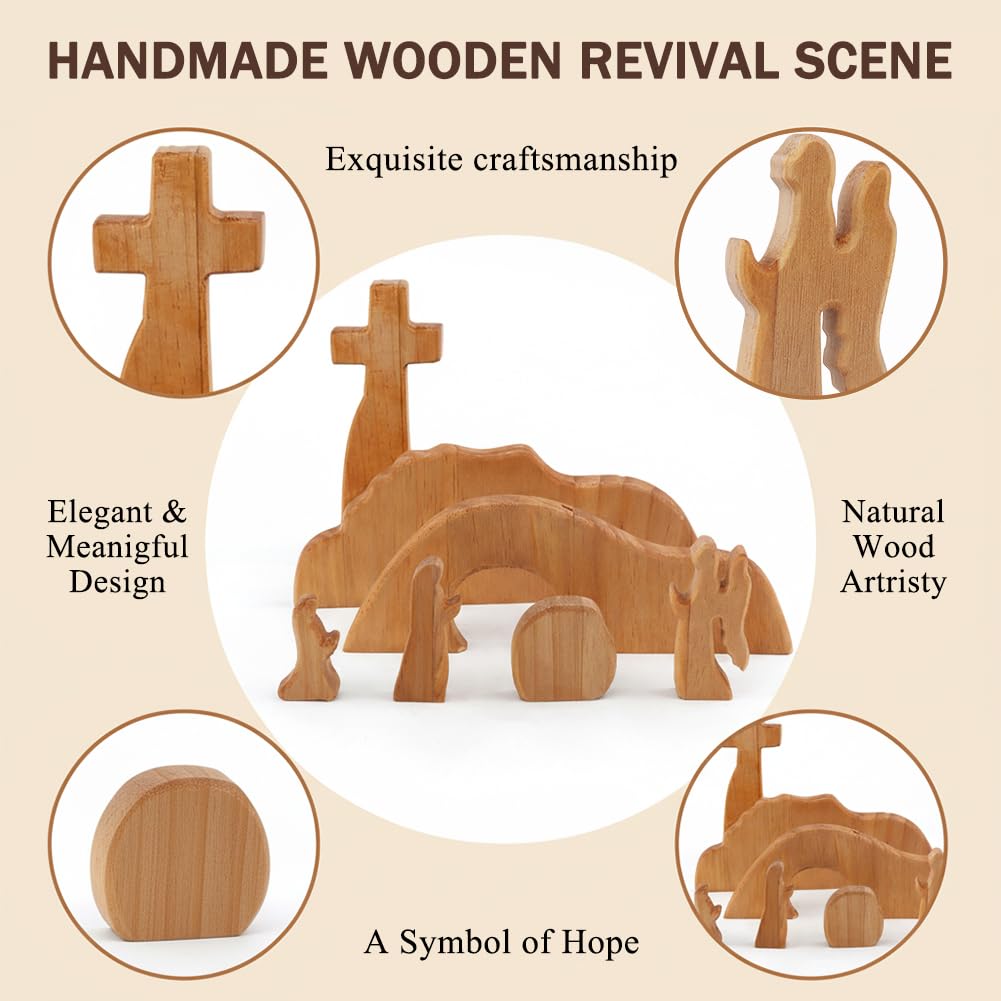 YOSINXU Empty Tomb Easter Scene and Christian Cross Decoration, Wooden Easter Resurrection Scene Cross Jesus Tomb Tray Set, Easter Decor for Religious Home Office Tabletop Christian Gifts