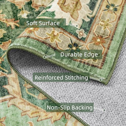 Deerly Green Border 8x10 Area Rug for Living Room & Bedroom Washable Boho Carpet