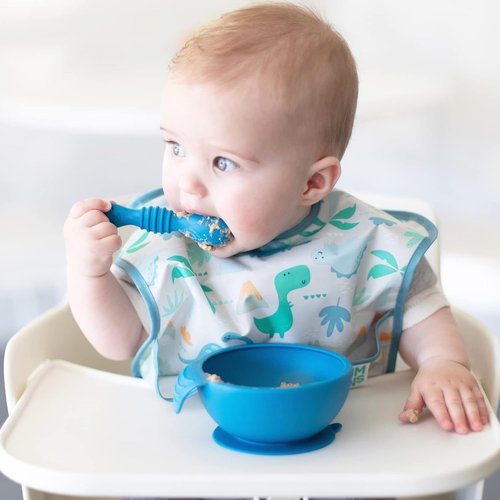 Bumkins Baby Utensil Set - Silicone Trainer Spoons for Self-Feeding | Soft Tip, 3-Pack in Blue & Green
